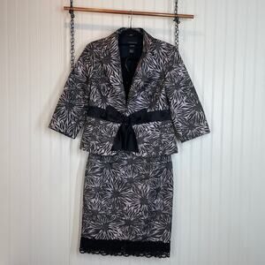 Don Caster Black & White Floral Silk Office Set Blazer & Skirt SET Size 6